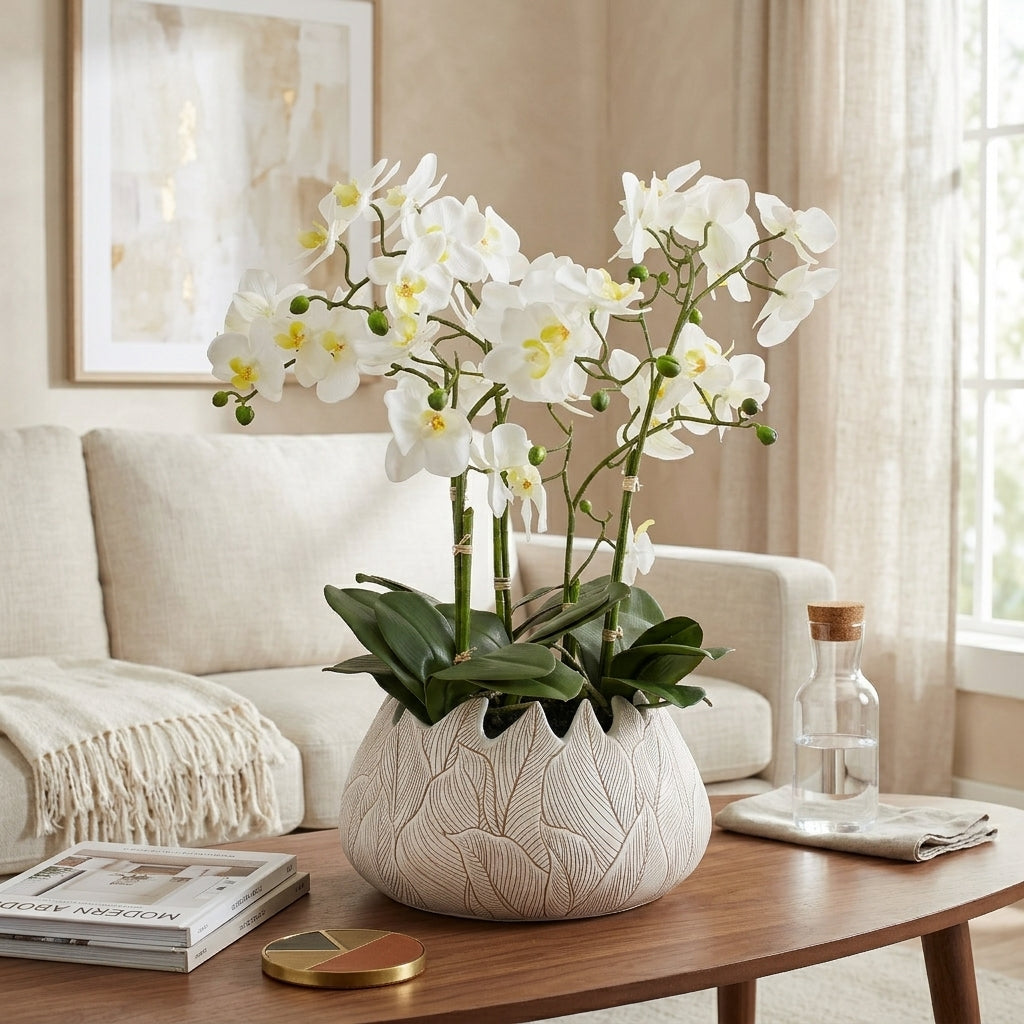 55cm Faux White Orchid Plant in Ceramic Leaf Planter