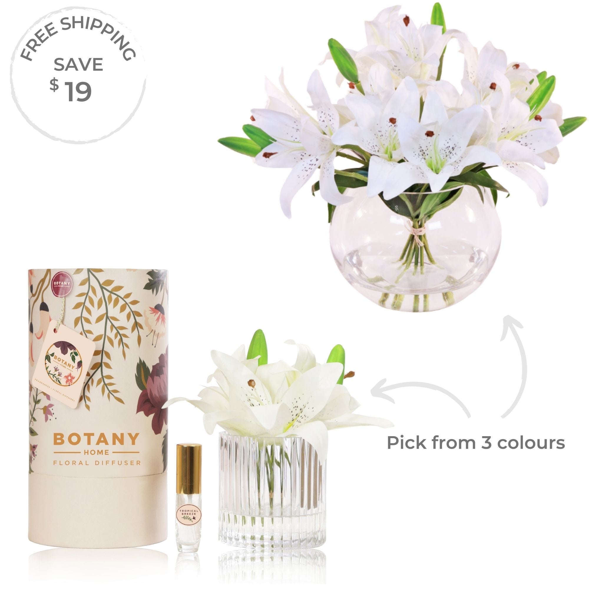Artificial white lily flower arrangement and flower diffuser bundle