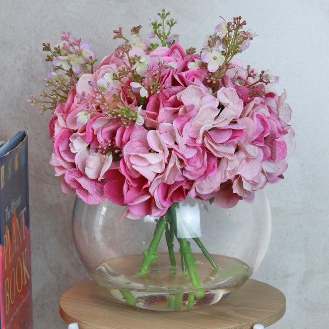 Faux Dark pink Hydrangea Bouquet in glass vase
