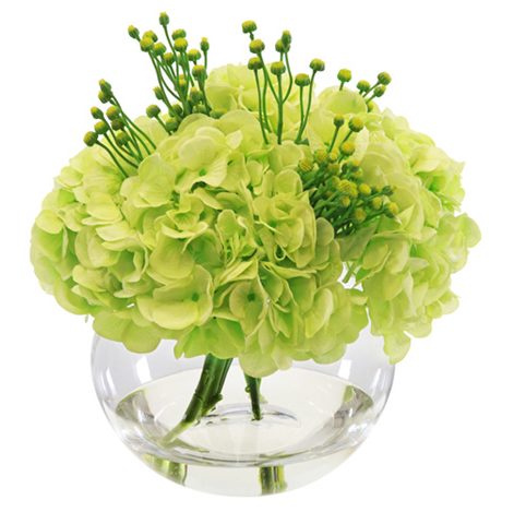 Artificial flower arrangement using green hydrangeas
