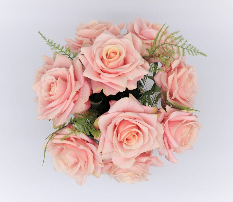 Silk pink roses for sale pictured from overhead