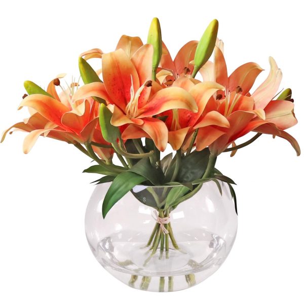 Artificial orange tiger lily arrangement set in resin and arranged in a glass fish-bowl