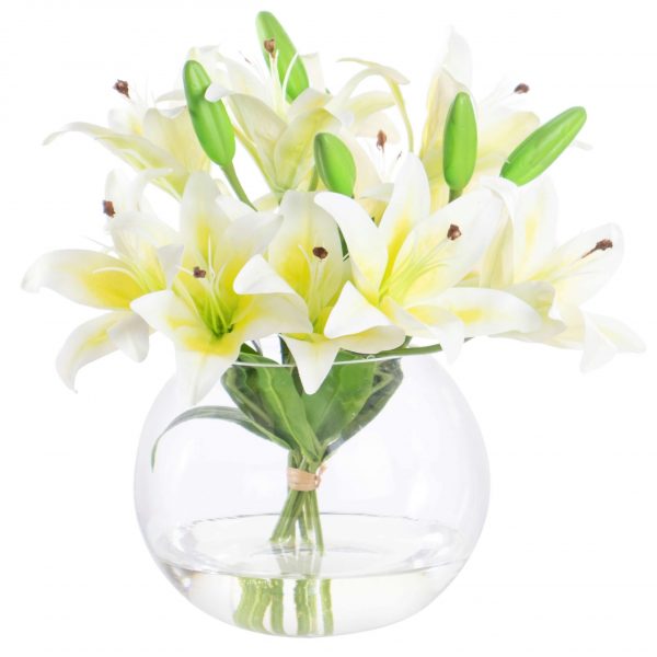 Faux white tiger lilies in fishbowl vase