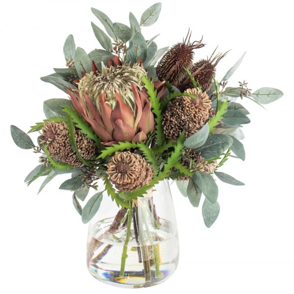 Artificial Protea Flower arrangement in glass vase