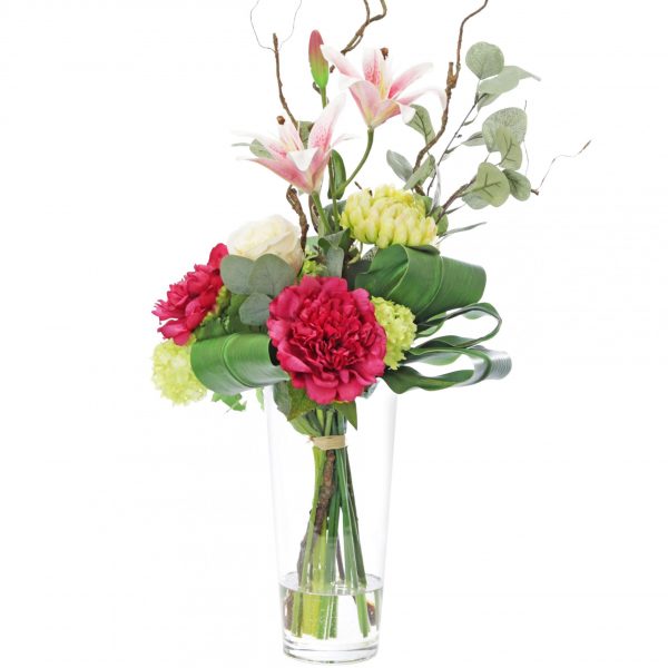 Artificial flower arrangement of pink lilies and mum flowers