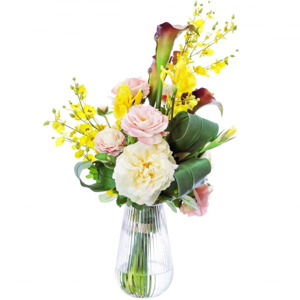 Artificial rose, lily and orchid arrangement set in glass vase