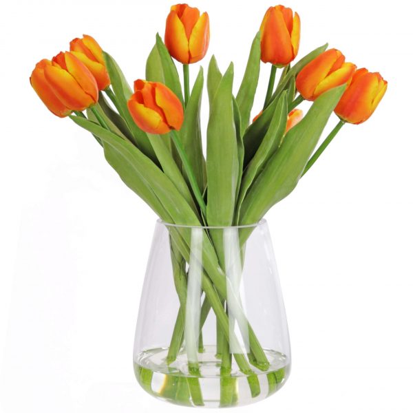 Artificial Orange tulip arrangement in glass vase