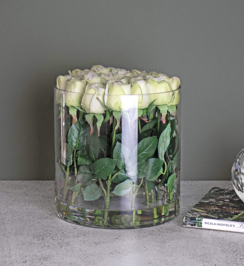 Faux Mint Rose Bouquet in glass vase