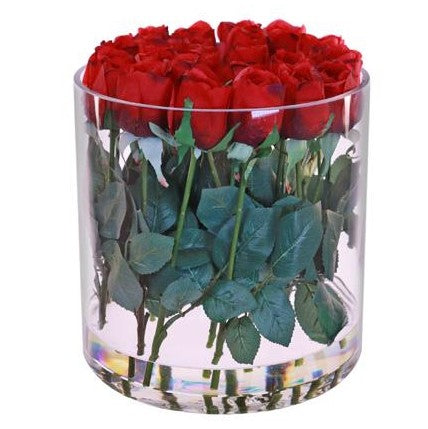 Artificial Silk Red Rose Arrangement in glass vase 