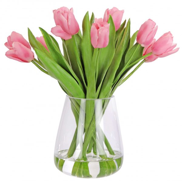 Artificial pink tulip arrangement in glass vase