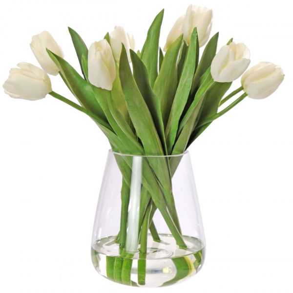 artificial white tulip arrangement in glass vase