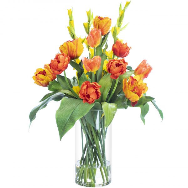 Artificial gladiolus and tulip flower bouquet set in a glass vase