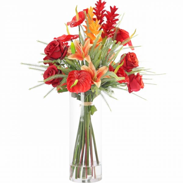An artificial flower arrangement set in a glass vase