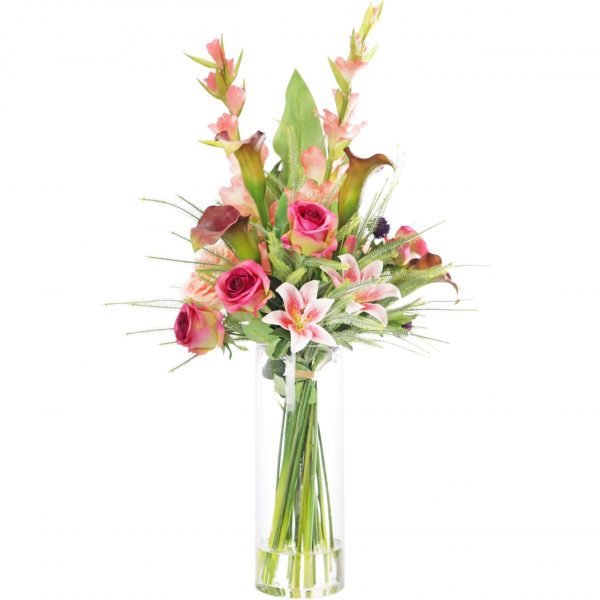 Artificial silk flower arrangement using pink lily and gladiolus flowers