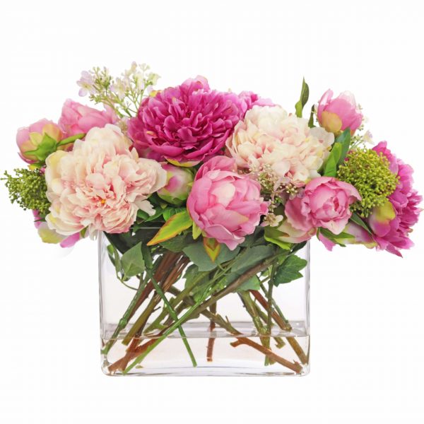 Artificial silk mixed peony arrangement in rectangle vase