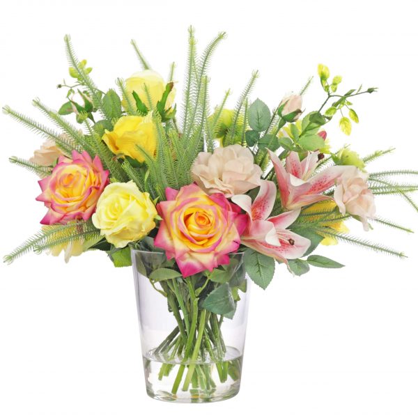 Artificial mixed flower arrangement in glass vase