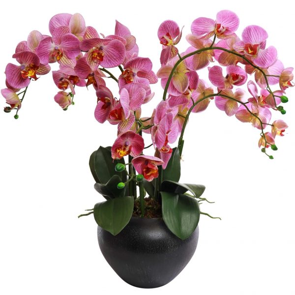 5 artificial mauve orchid plants set in metal pot