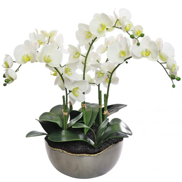 Artificial white orchid plant with 5 stems in metal pot