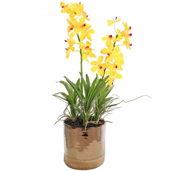 Artificial yellow vanda orchid plant in ceramic pot