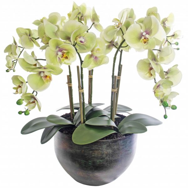 Artificial green orchid plant in metal pot