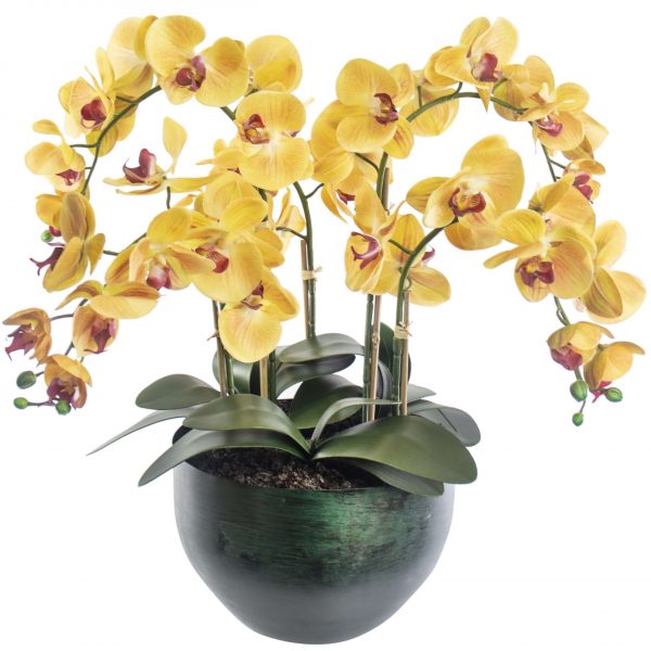 Fake yellow orchids set in metal pot
