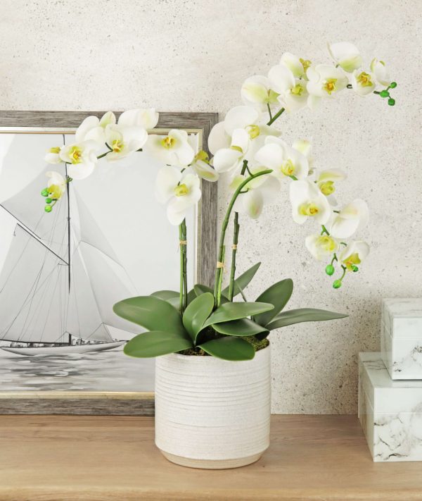 Fake white orchid plant in ceramic pot