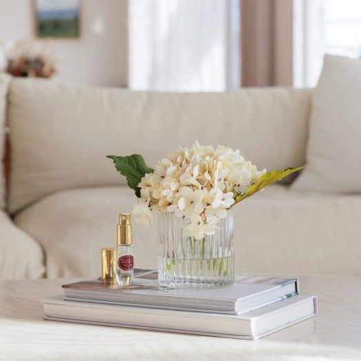 Artificial cream hydrangea arrangement with perfume spray